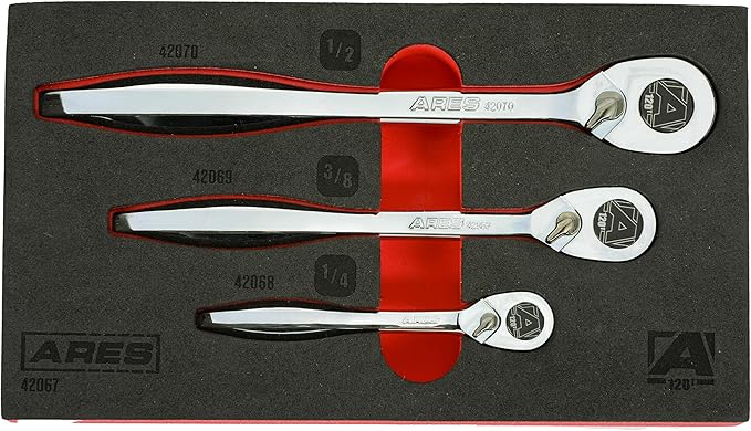 ARES 42067 ??120 Tooth Ratchet Set ??1/4-Inch, 3/8-Inch, and 1/2-Inch Drive - 3 Degree Swing Arc ??Reversible Ratcheting Mechanism - Ergonomic Handle and Professional Gear Structure