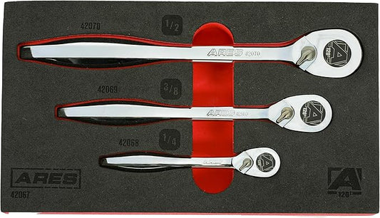 ARES 42067 ??120 Tooth Ratchet Set ??1/4-Inch, 3/8-Inch, and 1/2-Inch Drive - 3 Degree Swing Arc ??Reversible Ratcheting Mechanism - Ergonomic Handle and Professional Gear Structure