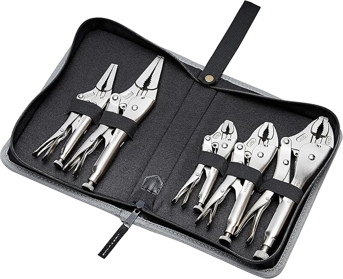 Amazon Basics 5-Piece CR-V Locking Pliers and Wire Cutters Set with Carrying Case, 2 Straight, 3 Curved Jaw, 6.5-10 inch, Silver