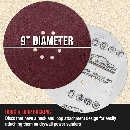 Premium 9" Red 8-Hole Pattern 80 Grit Sanding Discs, Box of 20 - Dustless Hook & Loop Backing Sandpaper for Drywall Power Sanders, Coarse-Cut Abrasive - Woodworking, Sand Auto Paint