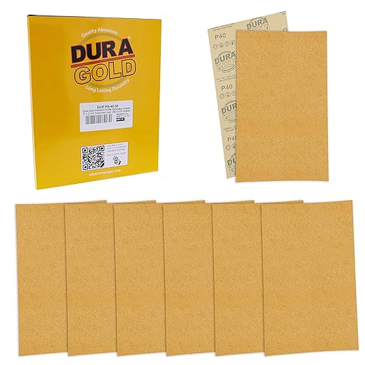 Dura-Gold Premium 5" x 2.75" Gold Sandpaper Sheets, 40 Grit (Box of 30) - Hook & Loop Backing, Wood Furniture Woodworking, Auto Paint - for Palm Sanders, Clip-On, Hand Sanding Blocks