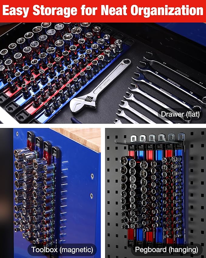 WORKPRO Magnetic Socket Organizer Set, 1/2" 3/8" 1/4" Drive Aluminum Alloy Socket Holder with Removable Socket Clips for Quick Customization, 6PC Socket Rail for Tool Box Drawer (Sockets Excluded)