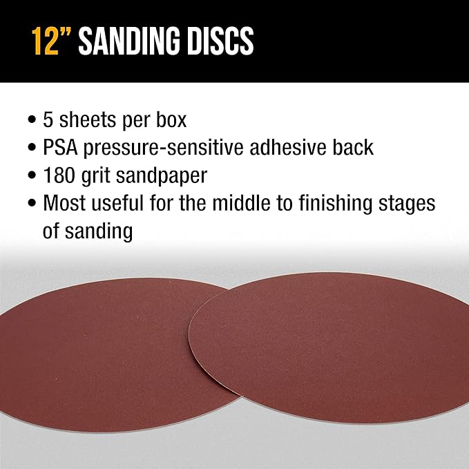 Dura-Gold Premium 12" Sanding Discs - 180 Grit (Box of 5) - Sandpaper Discs with PSA Self Adhesive Stickyback, Fast Cutting Aluminum Oxide Abrasive - Drywall, Floor, Woodworking, Automotive, Sander