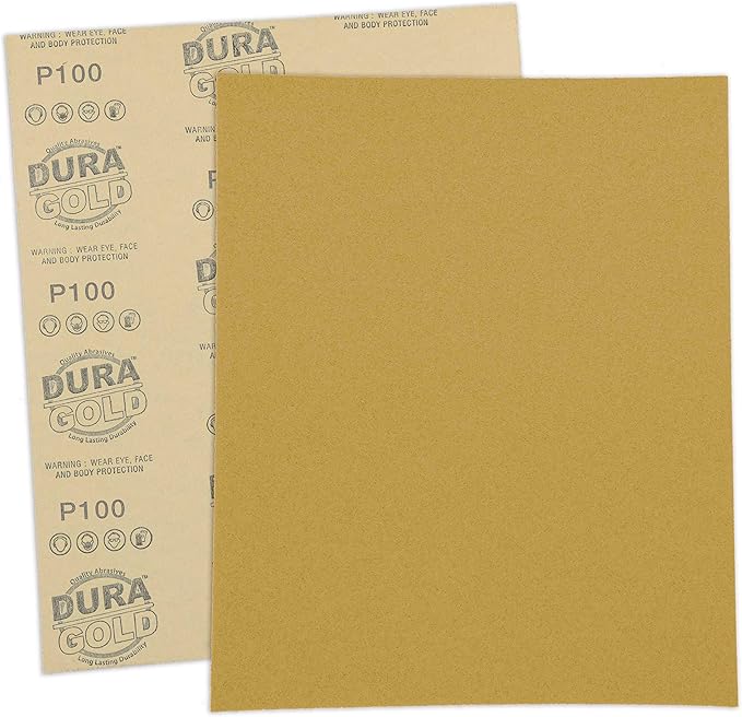 Dura-Gold Premium 9" x 11" Gold Sandpaper Sheets, 100 Grit (Box of 6) - Wood Furniture Woodworking, Automotive Paint, Full-Size Cut to Use on 1/4, 1/3, 1/2 Sheet Finishing Sanders, Hand Sanding Block