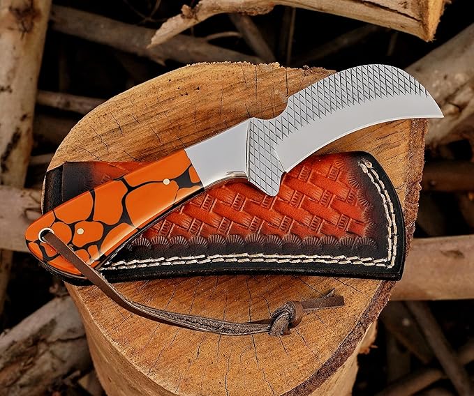 Farrier Rasp Steel Hawkbill Knife, Fixed Blade Full Tang, Leather Sheath, Wire Skinning Utility Knife for Lineman