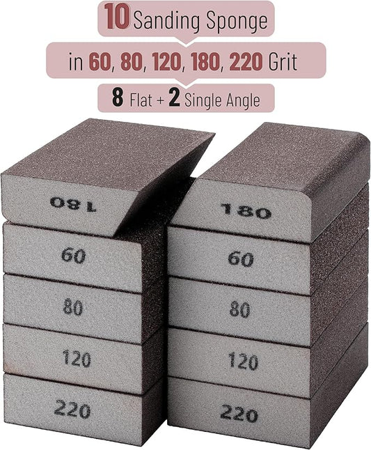 Bates- Sanding Sponge, 10pcs, 60/80/120/180/220 Grit Assortment, Washable and Reusable, Sandpaper Block Sander, Sanding Blocks for Wood, Sanding Pad, Drywall Sanding Block, Drywall Sanding Sponge