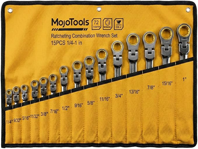 15-Piece SAE Ratcheting Wrench Set (1/4?년???, 72-Tooth Flex-Head Combination Wrenches, Heavy-Duty Cr-V Mechanic Tool Kit with Organizer Roll Bag