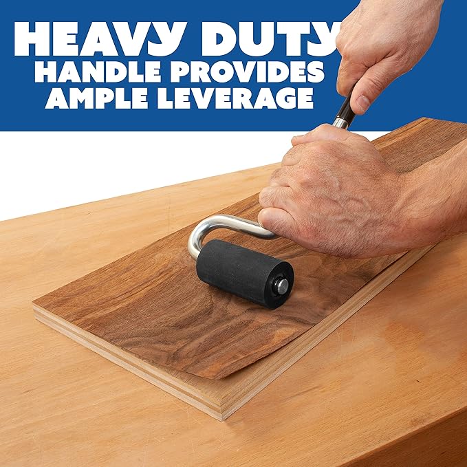 Long Handle J Roller with Thick Rubber Roller 1-1/2??in Diameter by 2-7/8??Wide For Veneers Laminate Wall Coverings and Edge Banding for Maximum Pressure Adhesion