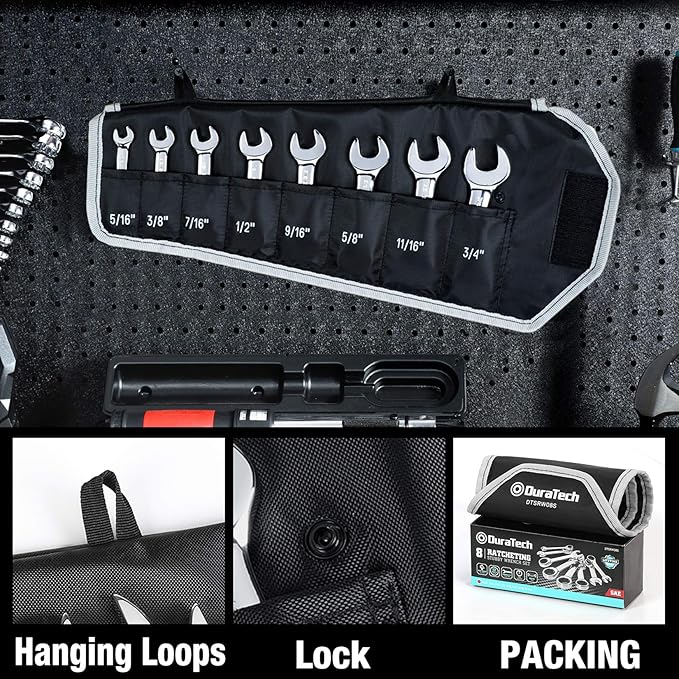 DURATECH Stubby Ratcheting Combination Wrench Set, SAE, 8-Piece, 5/16'' to 3/4'', CR-V Steel, with Rolling Pouch