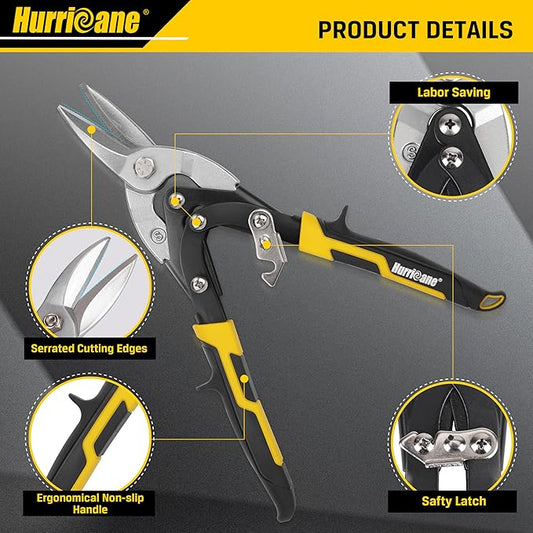 HURRICANE 10 Inch Aviation Tin Snips, Cr-Mo Aviation Snips for Cutting Metal Sheet, Heavy Duty Sheet Metal Cutter Shear, Straight Cut, High Leverage Aviation Snip, Up to 40% Labor Saving