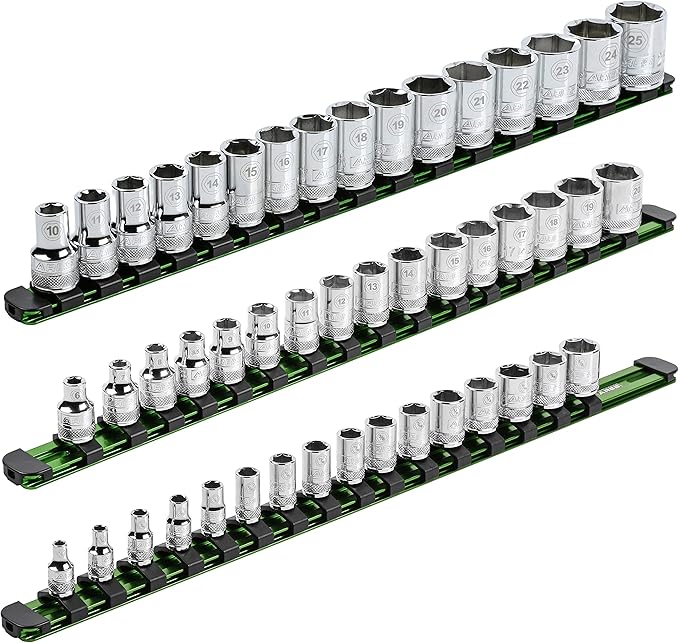 ARES 60126-3-Piece Green 17-Inch Aluminum Socket Rail Set with Locking End Caps - Includes 1/4-Inch, 3/8-Inch, and 1/2-Inch Drive Rails - Each Aluminum Rail Stores up to 16 Sockets