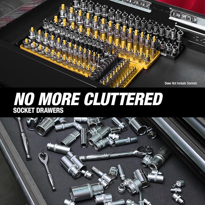 OEMTOOLS 22238 6 Piece SAE and Metric Socket Tray Set, SAE and Metric Socket Storage for Sizes 1/4", 3/8?? and 1/2" Drive, Socket Holders and Socket Organizer Tray for Toolbox, Black and Yellow
