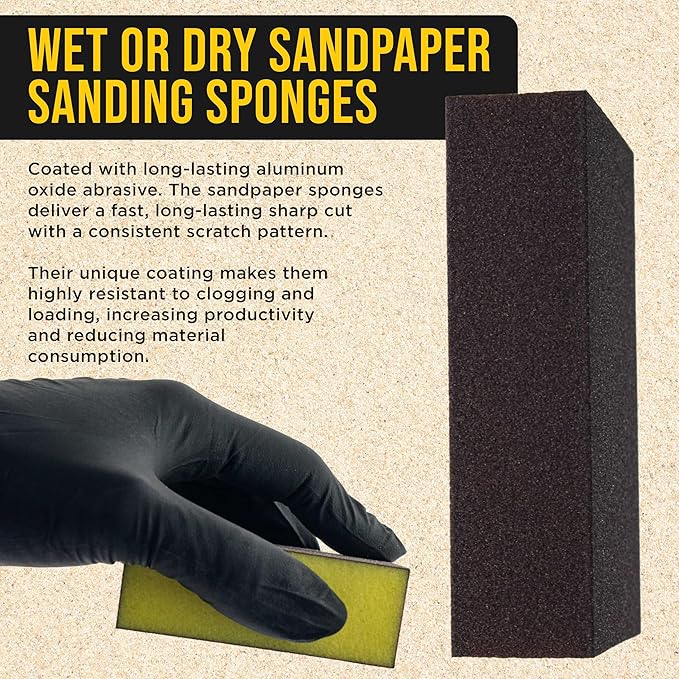 Dura-Gold 120 Grit 4-Sided Hand Sanding Block Sponges, Box of 6 - Performance Flex 3.9" x 2.75" x 1" Wet or Dry Flexible Sandpaper Abrasive Brick Pads, Reusable - Sand Wood, Drywall, Metal, Auto Paint