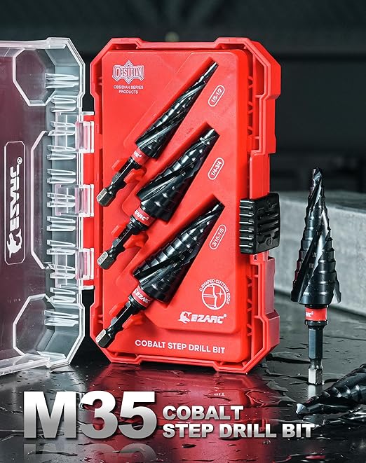 EZARC Step Drill Bit for Metal, M35 Cobalt Unibit Step Drill Bit Set 1/8"-7/8"(3pcs) Wear-Resistant AlTiN Coated, 1/4" Hex Shank for Metal, Stainless Steel, Aluminum, Plastic