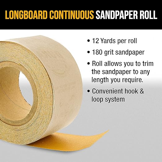 Dura-Gold Premium - 180 Grit Gold - Hook & Loop Backing Longboard Continuous Sandpaper Roll, 2-3/4" Wide, 12 Yards Long - for Automotive & Woodworking Air File Long Board Sanders, Hand Sanding Blocks