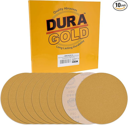 Dura-Gold Premium 9" Drywall Sanding Discs - 80 Grit (Box of 10) - High-Performance Sandpaper Discs with Hook & Loop Backing, Fast Cutting Aluminum Oxide Abrasive - for Drywall Power Sander, Wood