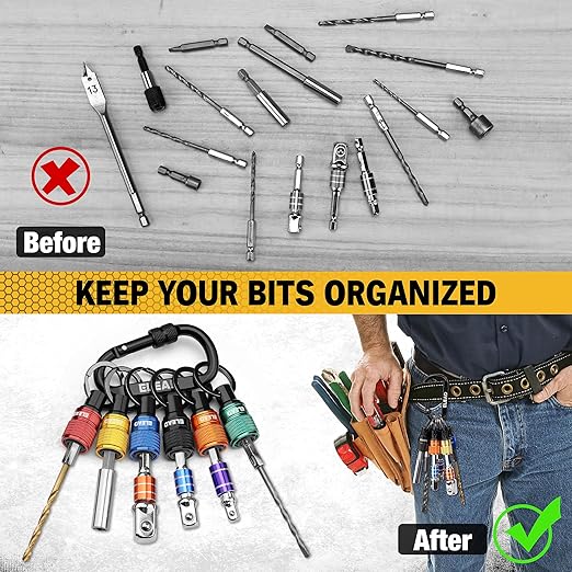 ELEAD 6-Piece Bit Holder Key Chain, 1/4 inch Multi-Color Hex Shank Bit Holders, Quick Release Design with Keychain Carabiner for Nut Driver, Screwdriver & Drill Bits, Tools Gifts for Men