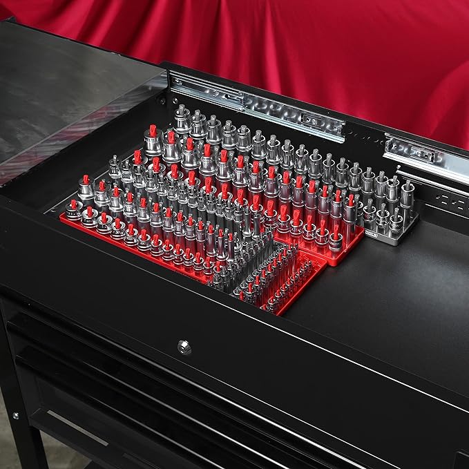 OEMTOOLS 22413 6 Piece SAE and Metric Socket Tray Set, SAE and Metric Socket Storage for Sizes 1/4", 3/8?? and 1/2" Drive, Socket Holders and Socket Organizer Tray for Toolbox, Red/Grey