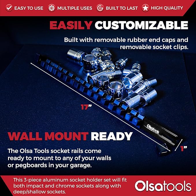 Olsa Tools Socket Organizer Set (3pc, Black) - Socket Holder and Socket Rail for 1/2-Inch, 3/8-Inch, and 1/4-Inch Drive Sockets - Holds 58 Chrome or Impact Sockets - Professional-Grade - Part: 1023