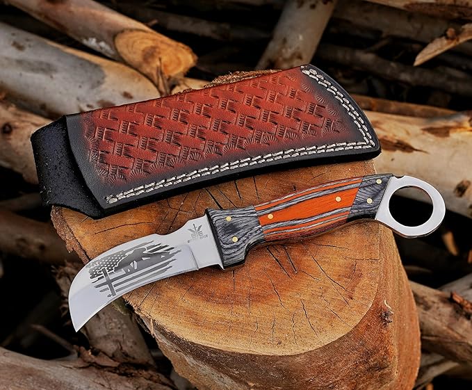 Handmade Stainless Steel Lineman’s Hawkbill knife with Leather sheath, Heavy Duty Utility Knife blade Electrician Wire Skinning knife for professional.