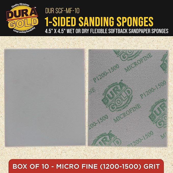 Dura-Gold Microfine Cut Sanding Sponges, Box of 10-5.5" x 4.5" (1200 to 1500 Grit) Performance Conform & Flex Wet or Dry Flexible Softback Sandpaper Sponges, Hand Block Wood Drywall Metal Auto Paint