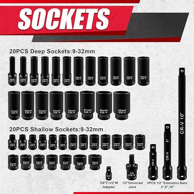 45pcs 1/2" Socket Set, Drive Deep and Shallow Impact Socket Set, Including 3 ", 5", 10" Impact Extension Bar, Universal Joint, Metric(9-32mm),6-Point,Cr-V Steel