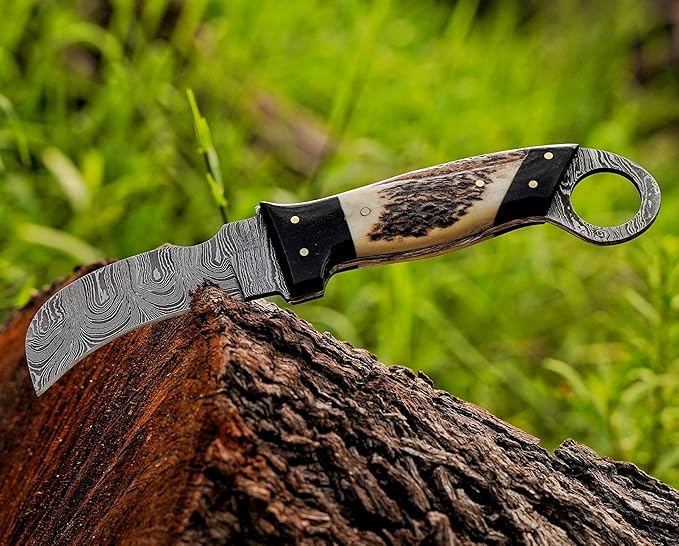 Handmade Damascus Steel,Deer Antler handle fixed blade knife with Leather sheath, Heavy Duty Utility Knife,Skinning knife for professional.