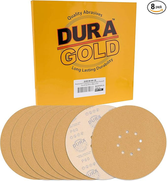 Dura-Gold Premium 9" Drywall Sanding Discs - 60 Grit (Box of 8) - 8 Hole Pattern Sandpaper Discs with Hook & Loop Backing, Fast Cutting Aluminum Oxide Abrasive - for Drywall Power Sander, Sand Wood