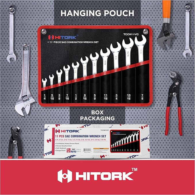 Hitork 11 Piece Combination Wrench Set with Roll Pouch, SAE Sizes (1/4" - 7/8"), Drop Forged Cr-V Steel, Chrome Plated Mirror Finish, 12 Point Box End, 15째 Offset, Exceeds ANSI Standards