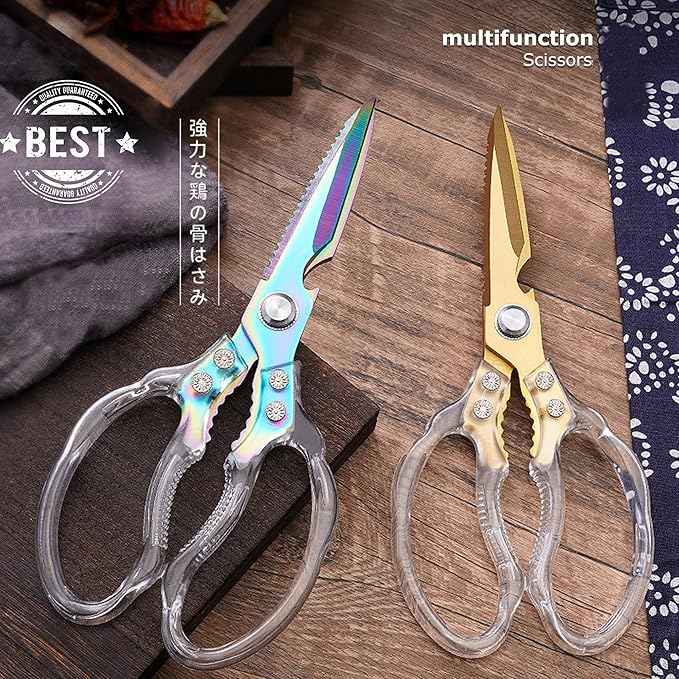 AWinjoy Kitchen Scissors, Heavy Duty Sharp Kitchen Shears, Stainless Steel & Aluminum, Transparent, Serrated Edge, Day Style, 1 Count