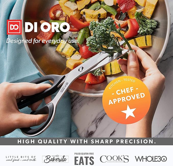 DI ORO Heavy Duty Kitchen Shears - All Purpose - Sharp Scissors for Food, Meat, & Herbs - Stainless Steel Kitchen Shears Heavy Duty & Dishwasher Safe - Bone Cutting Scissors