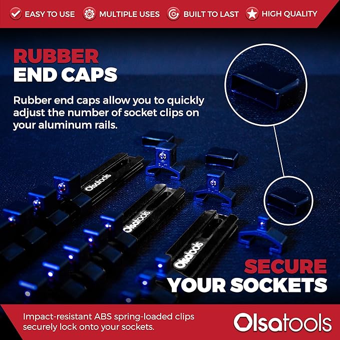 Olsa Tools Socket Organizer Set (3pc, Black) - Socket Holder and Socket Rail for 1/2-Inch, 3/8-Inch, and 1/4-Inch Drive Sockets - Holds 58 Chrome or Impact Sockets - Professional-Grade - Part: 1023