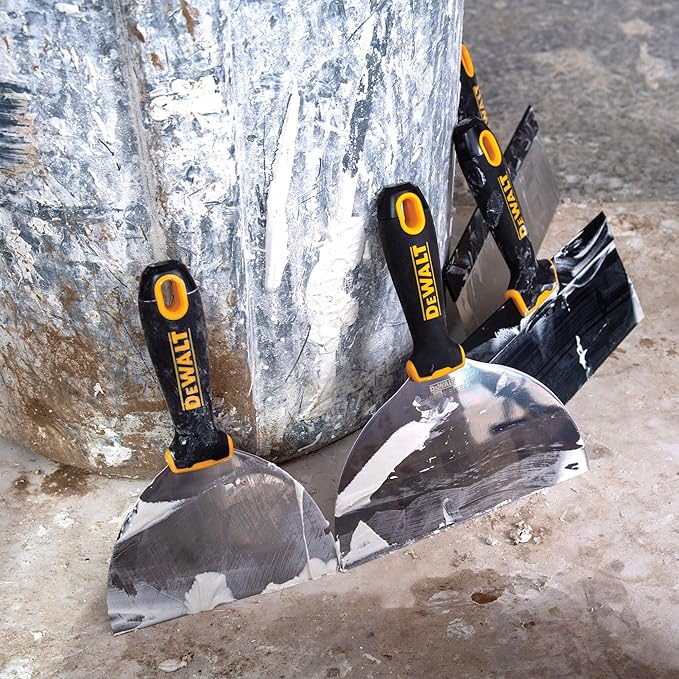 DEWALT Stainless Steel Taping Knife & Mud Pan Set | 8,10,12 Inch Taping Knives, 14 Inch Mud Pan, Bonus 6" Soft Grip Putty Knife | Soft Grip Handles | Sheetrock Gyprock Plasterboard | DXTT-3-174
