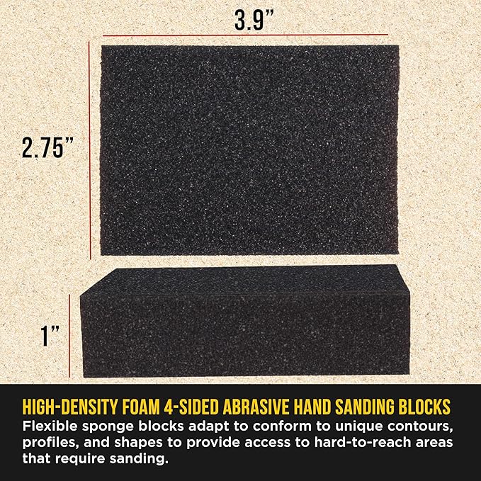 Dura-Gold 60 Grit 4-Sided Hand Sanding Block Sponges, Box of 6 - Performance Flex 3.9" x 2.75" x 1" Wet or Dry Flexible Sandpaper Abrasive Brick Pads, Reusable - Sand Wood, Drywall, Metal, Auto Paint