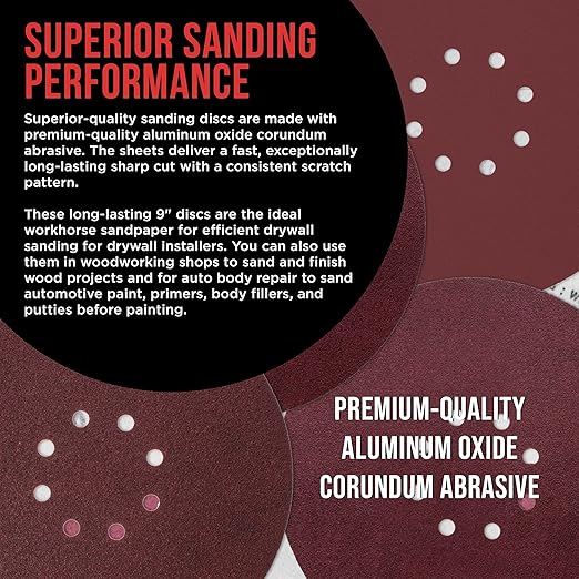 Premium 9" Red 8-Hole Pattern 220 Grit Sanding Discs, Box of 20 - Dustless Hook & Loop Backing Sandpaper for Drywall Power Sanders, Fine-Cut Abrasive - Woodworking, Sand Auto Paint