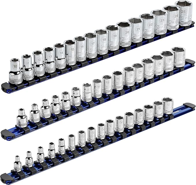 ARES 60125-3-Piece Blue 17-Inch Aluminum Socket Rail Set with Locking End Caps - Includes 1/4-Inch, 3/8-Inch, and 1/2-Inch Drive Rails - Each Aluminum Rail Stores up to 16 Sockets