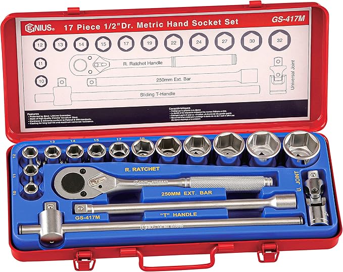 Genius Tools 17 Piece 1/2" Dr. Metric Hand Socket Set GS-417M
