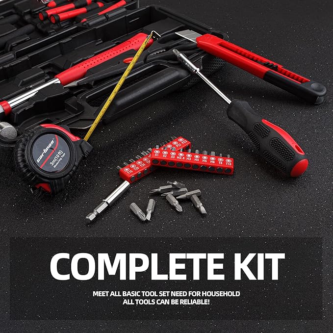 CARTMAN 126-Piece Home Tool Set Kit, Basic Household Hand Tools with Storage Case Red