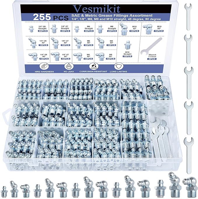 255PCS Grease Fittings Assortment,SAE & Metric Grease Zerk Fittings 1/4" 1/8" M6 M8 M10 straight 45 90 degree with Wrench Kit(7-11mm) for Grease Gun,Fit Tractor Vehicle Excavator Trailer Equipment