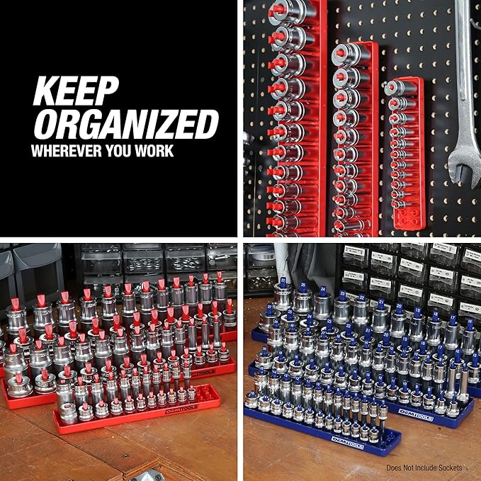 OEMTOOLS 22237 6 Piece SAE and Metric Socket Tray Set, SAE and Metric Socket Storage for Sizes 1/4", 3/8?? and 1/2" Drive, Socket Holders and Socket Organizer Tray for Toolbox, Red and Blue