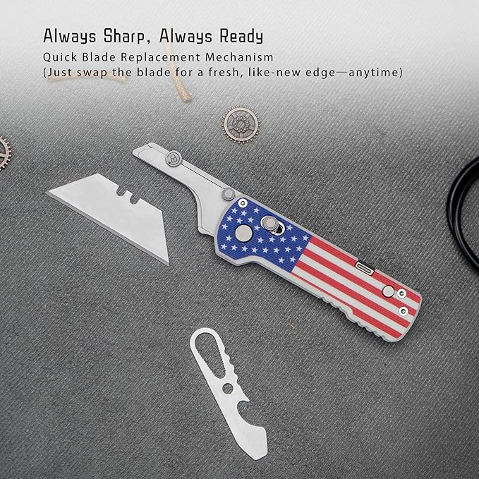 OKNIFE U1 Pro Multitool Folding Utility Knife with Folding Screwdriver, Quick Change Blade, Rail Lock & Pocket Clip for Men Women (Stars & Stripes)