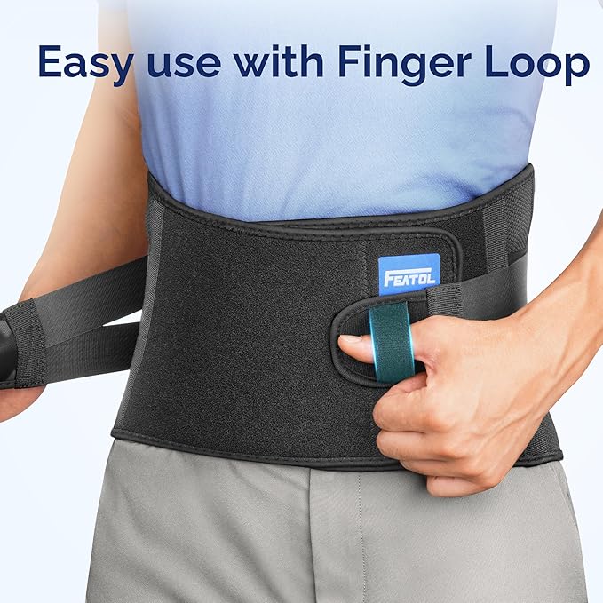 FEATOL Lower Back Brace with 5 Reinforced Stays for Women and Men, Adjustable Snug-Fit Lumbar Support Belt for Work, Size 4XL, Waist 53.1"-57.5"