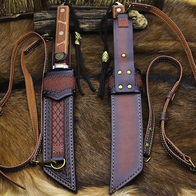 BA-KOR 7mm 9CR18MOV steel (15.6IN) sandalwood handle full Tang fixed knife+scabbard+(single shoulder strap)&(5.9IN) cerium igniter, suitable for outdoor hunting, camping, survival, EDC tool knife