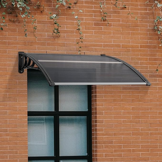 MCombo 39.8" x 37.8" Window Awning Outdoor Polycarbonate Hollow Sheet Door Patio Canopy, 6055-4040 (Grey Board with Black Bracketr)