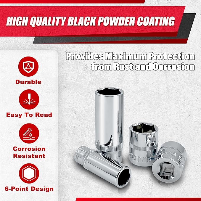 69pcs 1/4??3/8"" Drive Impact Socket Set,Drive Master Socket Set,SAE/Metric, Deep & Shallow with Drive Head Ratchet,Drive Spark Plug Socket,Extension bar (3??& 6??,6 Point,CR-V Steel, Mirror