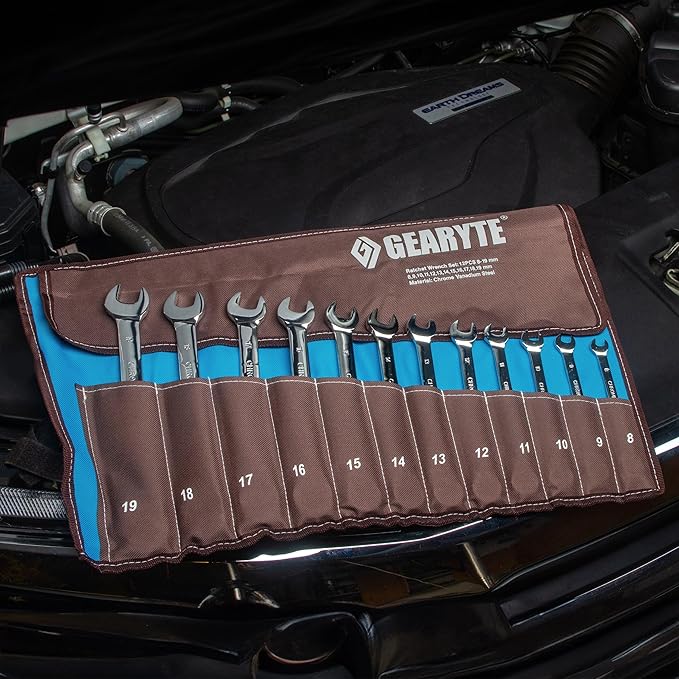 GEARYTE Ratcheting Wrenches - 12-Piece Ratchet Wrench Set Metric, Durable Speed Wrench Set 8-19mm, Made from Chrome Vanadium Steel, 72-Point, Includes Roll Up Case, Silver