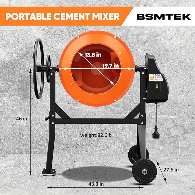Electric Concrete Mixer, 4.3 Cubic Ft, 3/5HP. 450W Portable Concrete Mixer Machine with Stand & Wheels for Stucco, Mortar, Seeds, Orange-2026 Upgraded