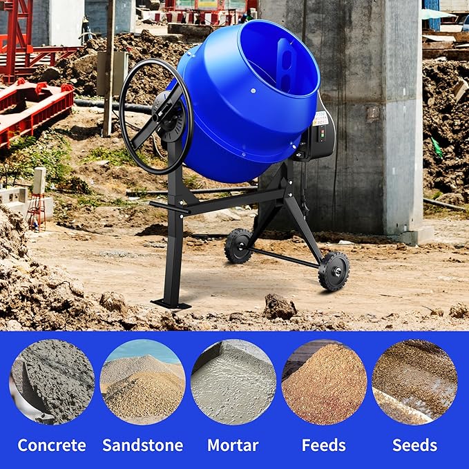 4.3 Cubic Ft Electric Concrete Mixer, 3/5HP, 450W Portable Concrete Mixer Machine with Stand And Wheels for Stucco, Mortar, Seeds (Blue)
