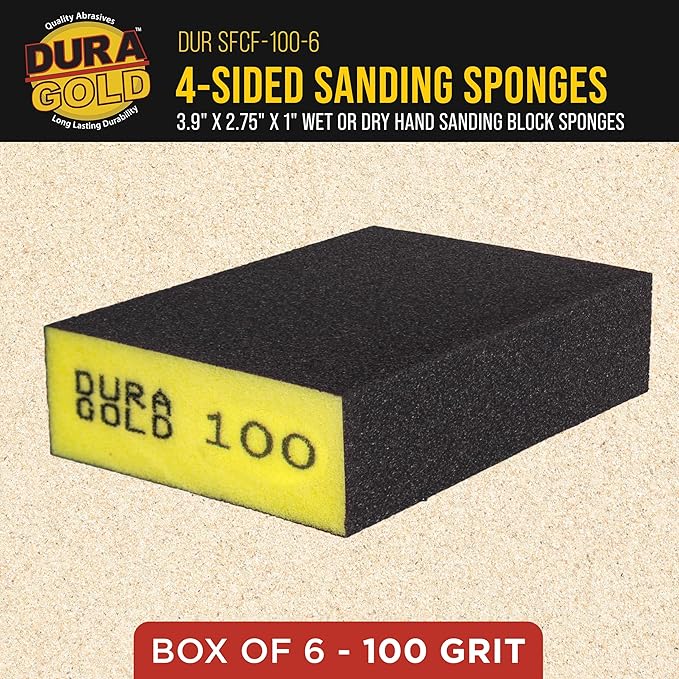 Dura-Gold 100 Grit 4-Sided Hand Sanding Block Sponges, Box of 6 - Performance Flex 3.9" x 2.75" x 1" Wet or Dry Flexible Sandpaper Abrasive Brick Pads, Reusable - Sand Wood, Drywall, Metal, Auto Paint