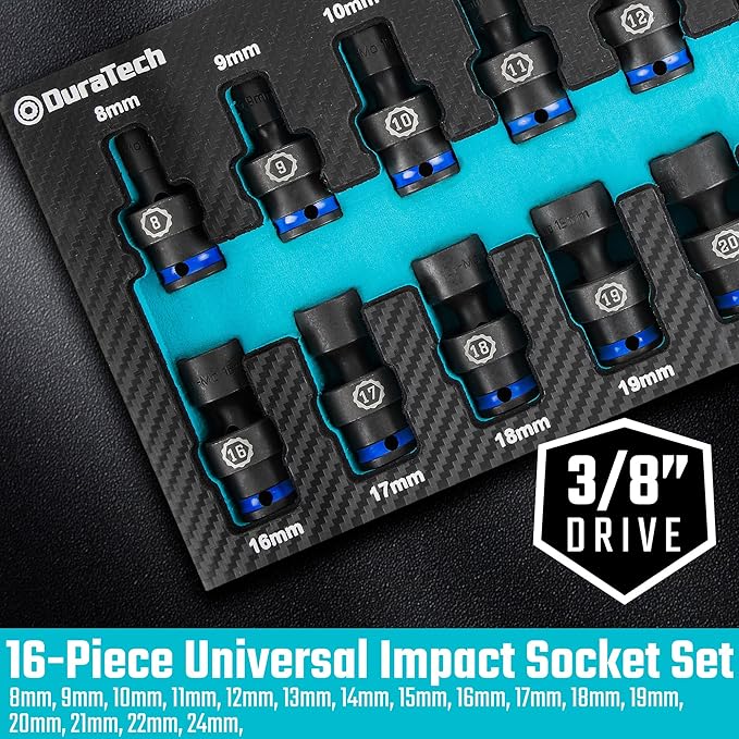 DURATECH 3/8" Drive Impact Universal Joint Socket Set, Swivel Socket Set, 16-Piece, Metric, 8-24MM, Cr-Mo Steel, Organized in EVA Foam Organizer